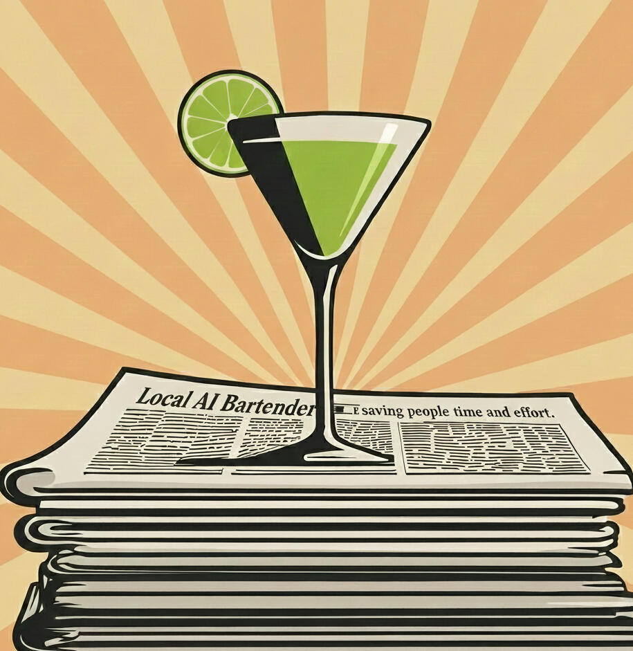 Saving time with little effort. Stylized image of a martini drink on top of a stack of newspapers.